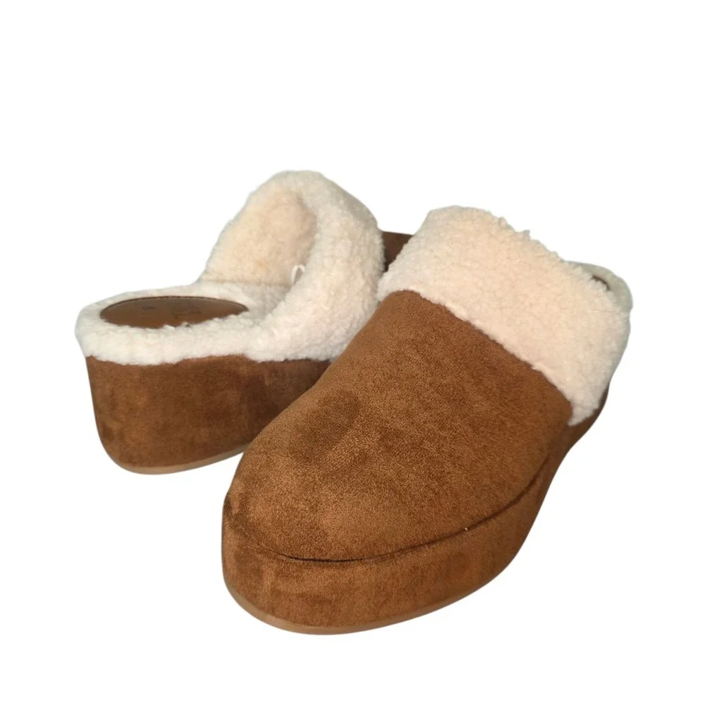 Time and Tru Womens 8 Brown Faux Shearling Wedge Clogs Faux Suede NWOB